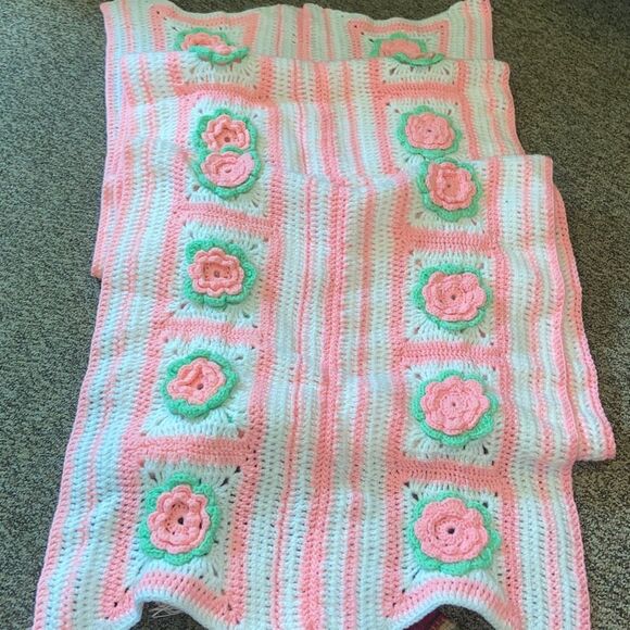 Pink and White Crochet Blanket with Floral Design Handmade 335X29” Approximate